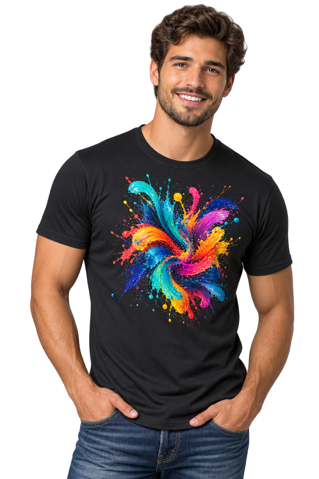 Model wearing a T-shirt with a colorful DTF transfer
